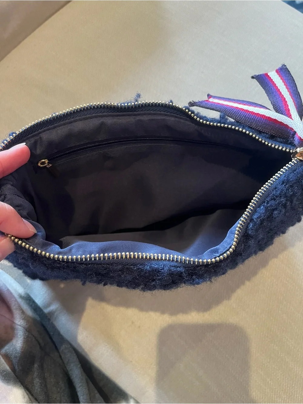 Cozy Navy Faux-Sherpa Clutch with Ribbon Accent